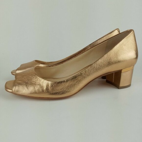 Vince Camuto Signature 7M Gold Metallic Open Toe Block Heel Shoes Lamb Leather - Picture 5 of 12